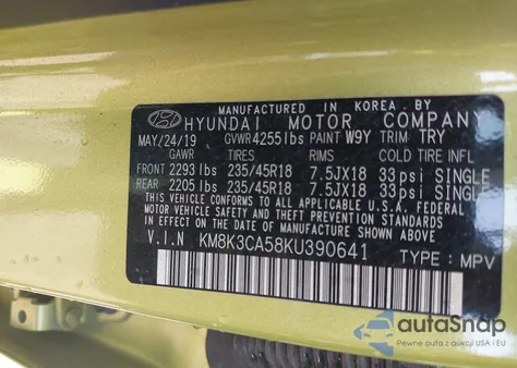 2019 Hyundai Kona Limited z USA, uszkodzony, nr VIN KM8K3CA58KU390641